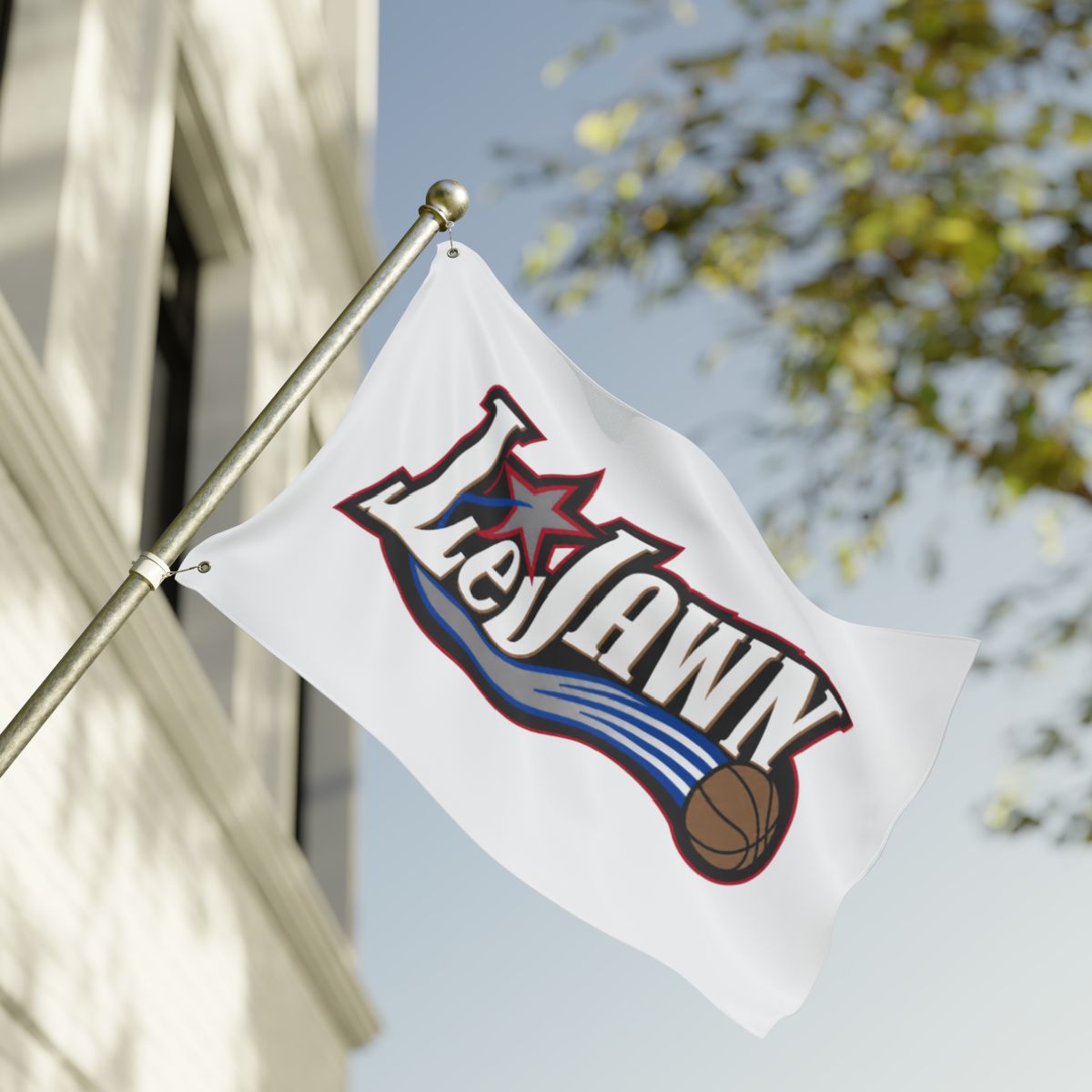 LeJawn Double Sided Tailgate Flag - Lebron James Inspired 76ers Design - color options - 24'' × 36'' - other product mockup