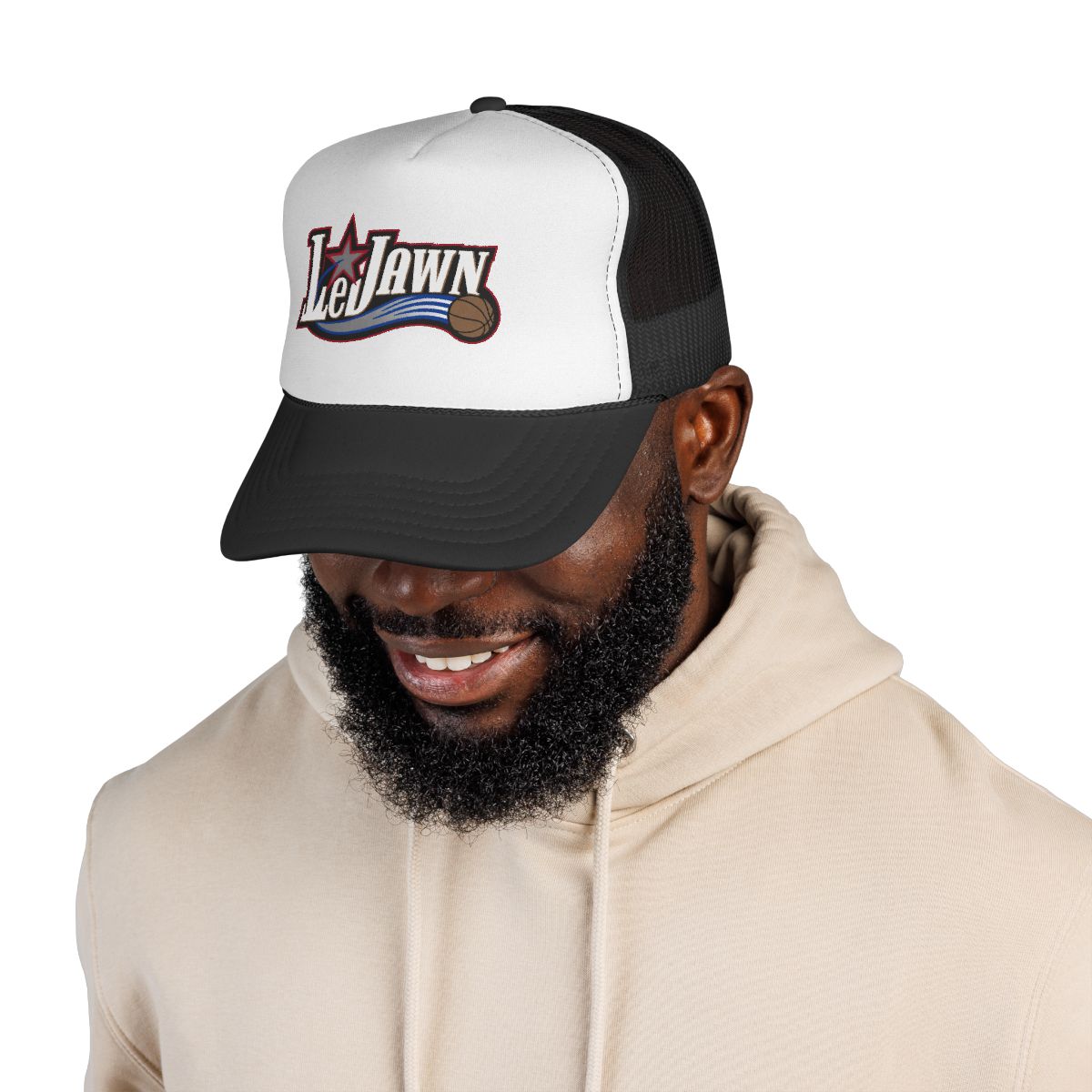 LeJawn Trucker Hat - Lebron James Inspired 76ers Design - Black - One size - front product mockup