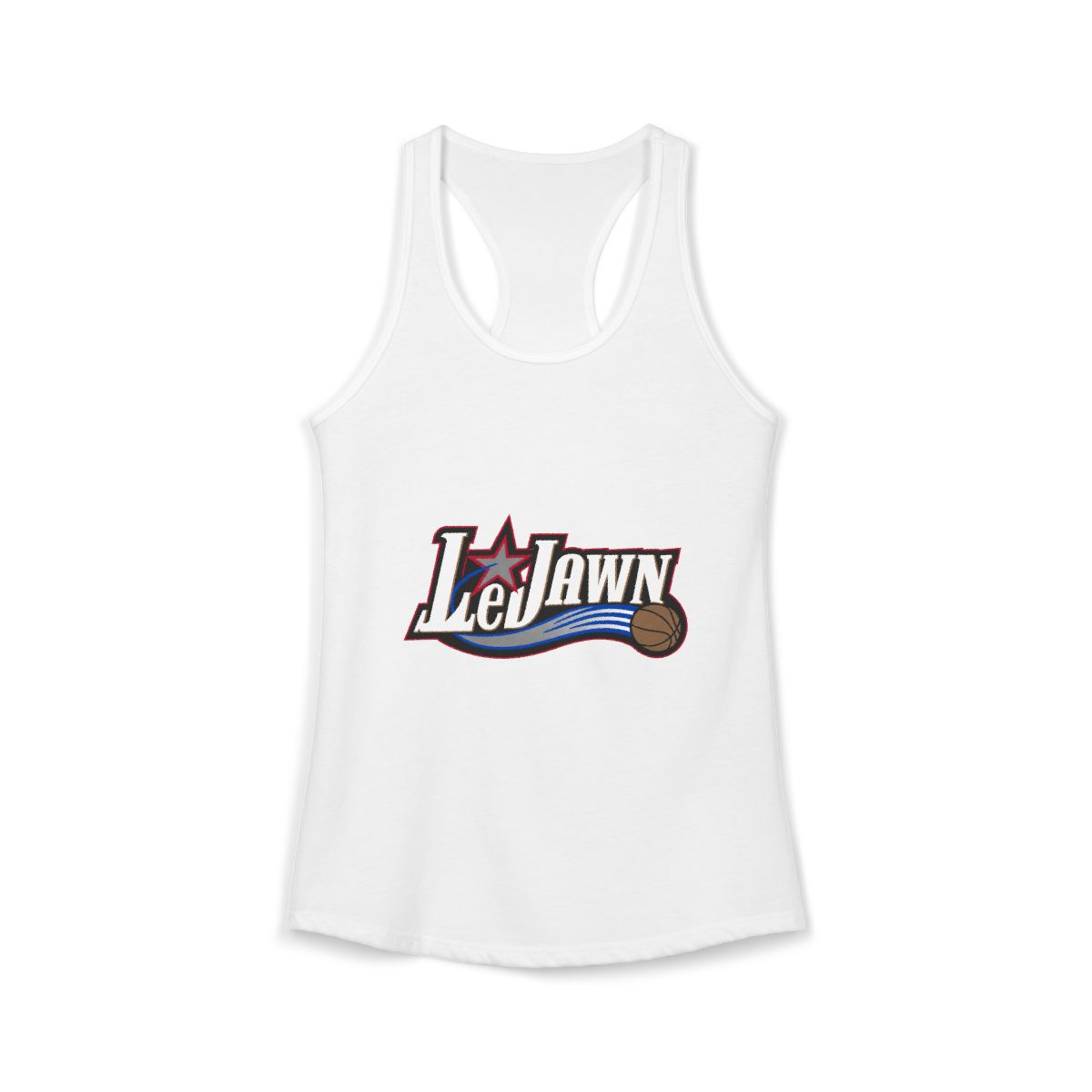 LeJawn Women's Racerback Tank - Lebron James Inspired 76ers Design - Solid White - 5-size options - other product mockup
