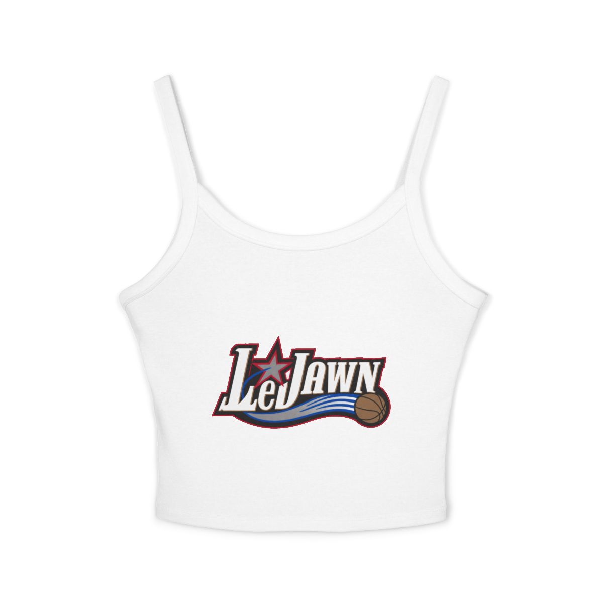LeJawn Women's Spaghetti Strap Tank Top - Lebron James Inspired 76ers Design - Solid White Blend - 6-size options - front product mockup
